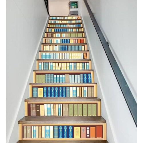 Creative Bookcase Staircase Sticker For House Stairs Decoration Art Wall Sticker Removable Waterpoof Self-adhesive PVC Wallpaper