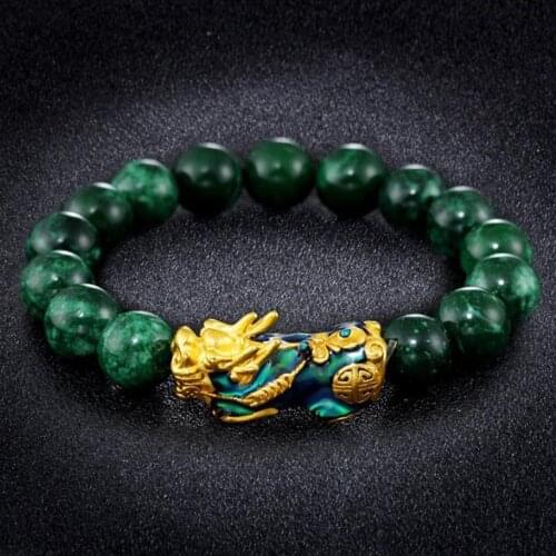 Feng Shui Green Obsidian Wealth Golden PiXiu Jade Bracelet Lucky Jewelry 10/14mm