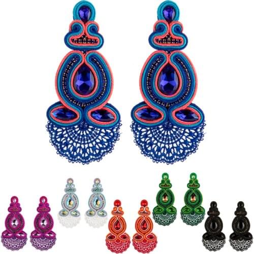 Handmade Soutache Fashion womens earrings hand embroidered braid large long Dangle Earring Colorful Lace crystal Trendy gift