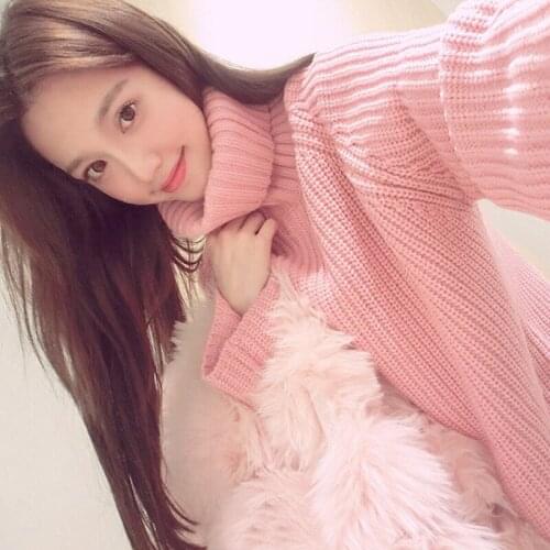 Lazy style womens 2020 autumn and winter new thick high-neck pink sweater pullover loose mid-length knitted top