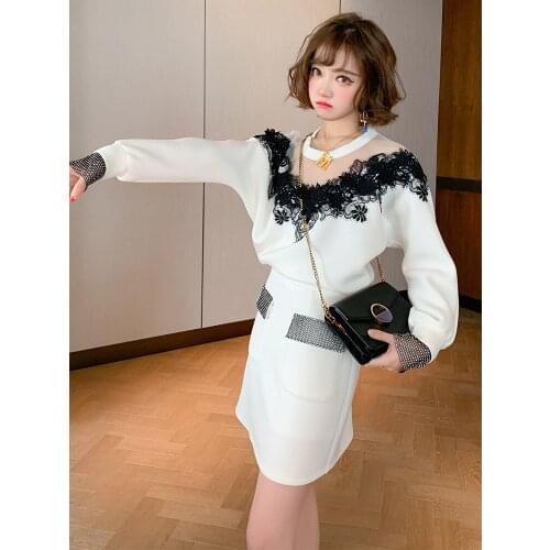 Contrasting lace stitching loose meat cover sweater + high waist A-line skirt suit womens 2020 autumn new