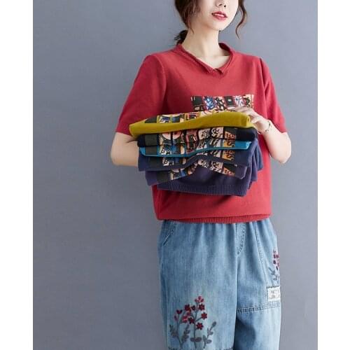 Womens Sweater Summer Chinese Style Print Loose Short Sleeve Temperament Sueters De Mujer V-neck Commuter Fashion All-match Top
