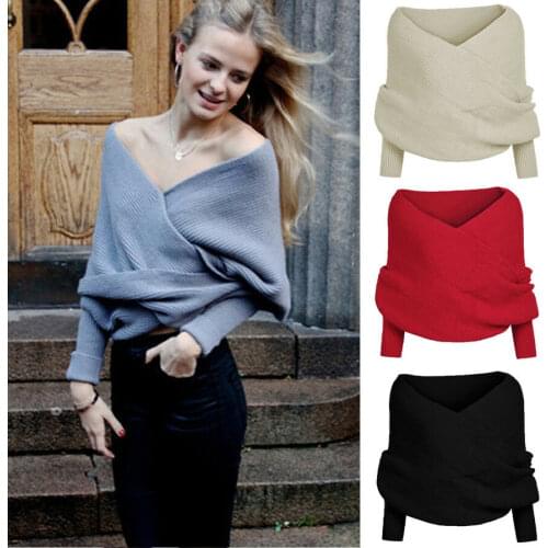 Women Solid Long Sleeve V-Neck Off shoulder Wrap Knitted Sweater Shawl Sweater Autumn Winter Casual Warm Outwear