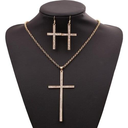 Cross Necklace And Earrings Jewelry Sets For Women Fashion Gold Color Inlaid Crystal Vintage Jewelry Sets Religious Gift Bijoux