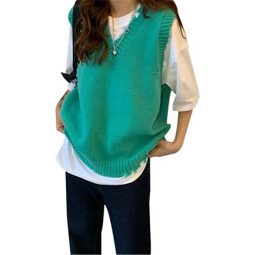 2021 Korean Sweater Vest Women V-neck Loose Streetwear Candy Color All-match Students Fashion Couples Ripped Vintage Sweaters