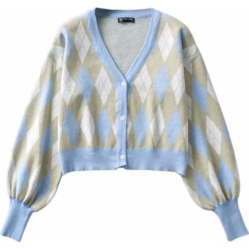 Women Sweater Cardigan Vintage Y2k Plaid Korean 2020 Autumn Winter Warm Oversize Casual Chic Crop Female Knitted Jumper