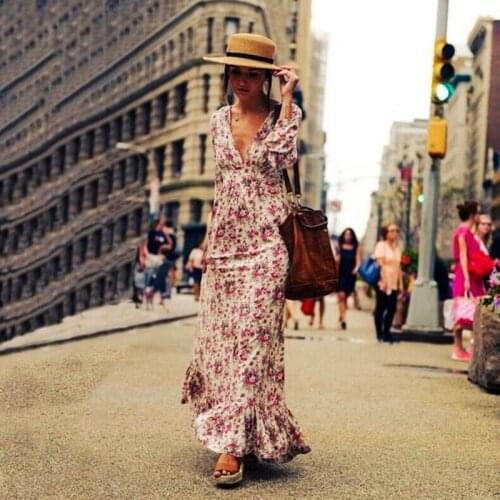 2021 new bohemian ladies print floral ruffled v-neck lantern sleeve long spring and autumn dress