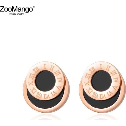 ZooMango Trendy Double Circle Roman Numerals Stud Earrings For Women Titanium Steel Female Wedding Earrings Jewelry ZE17051