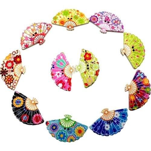 100 Piece Printed Fan Shaped Wooden Buttons 2 Hole Garment Clothes Fastener DIY Craft Ornamentation Mixed Color