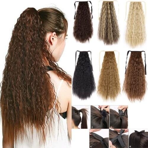 21'' Corn Wave Long Wrap Around Ponytail Extensions for Women Synthetic Ribbon Binding Tie Up Ponytails Hairpiece