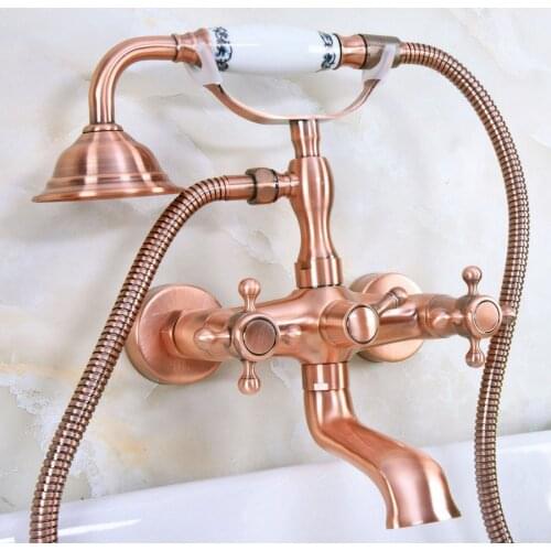 Antique Red Copper Brass Wall Mounted Bathroom Clawfoot Tub Faucet Mixer Tap Telephone Shower Head Dual Cross Handles ana341
