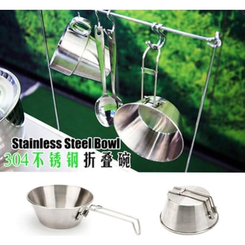 304 Stainless Steel Bowl Portable Folding Handle Wide Mouth Camping Hiking Picnic BBQ Coffee Tea Cup Outdoor Tableware