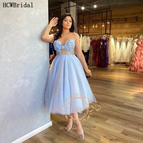 Baby Blue Short 2021 Prom Dresses Sexy See Through Long Sleeves Pearls Flowers Girls Graduation Prom Wedding Party Formal Gowns