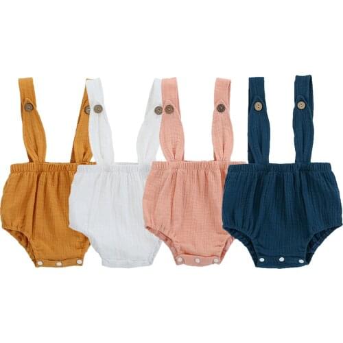 Baby Boys Girls Rompers Solid Bunny Ear Button Design Romper Straps Cotton Linen Sleeveless Jumpsuit 0-12 Months Infant Clothes