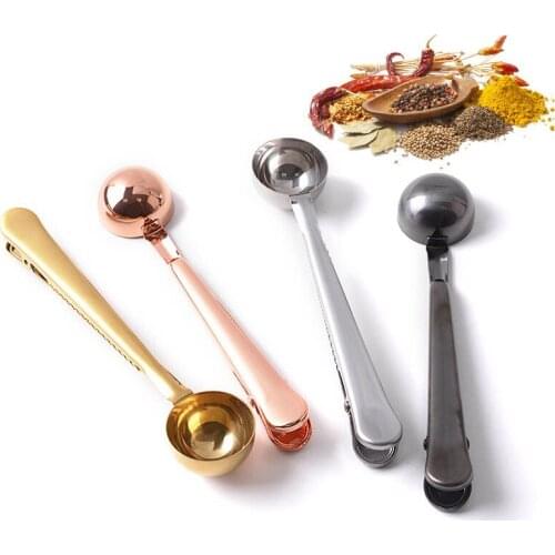 Nordic Two-in-one Stainless Steel Coffee Spoon Sealing Clip Milk Seasoning Amount Espresso Powder Spoon Kitchen Gold Accessories