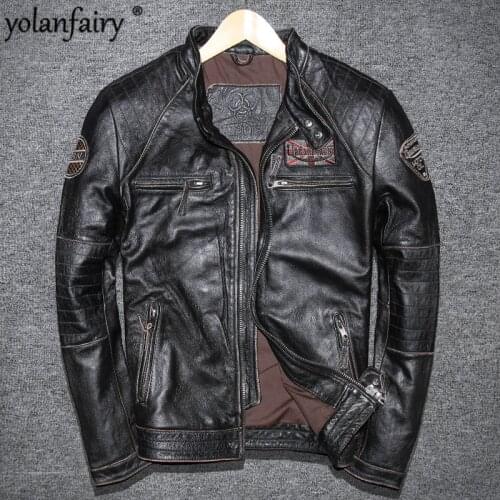 YOLANFAIRY Geniune Leather Jacket for Men Pure Cow Leather Vintage Jacket Spring Autumn Plus Size Jaqueta De Coruo 5680-1 MF124