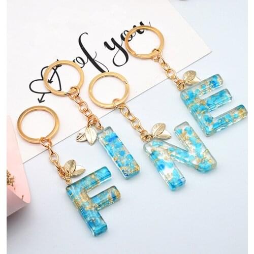 Cute Blue Floral Crystal Resin 26 Letters Pendant Keychain Women Girls A To Z Key Chain Ring Luxury Bag Charms Accessories Gift