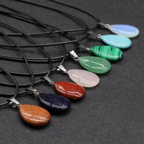2 Strands Crystal Pendant Necklace Semi-precious Stone Small Pendants Flat Water Drop Pendant with 45cm Leather Cope Wholesale