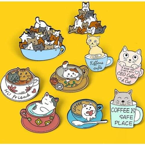 Cartoon Coffee Cup Cats Enamel Lapel Pins Coffee is Safe Place Custom Kitten Brooches Lapel for best Friend Animal Jewelry Gift