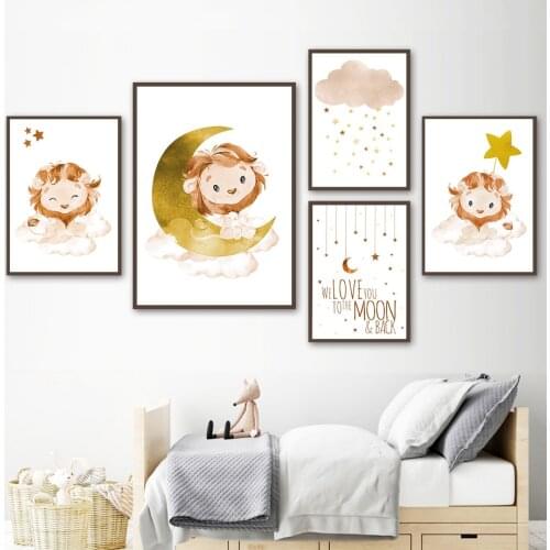 Cartoon Lion Moon Star Cloud Rain Nursery Wall Art Canvas Painting Nordic Posters And Prints Wall Pictures Baby Kids Room Decor
