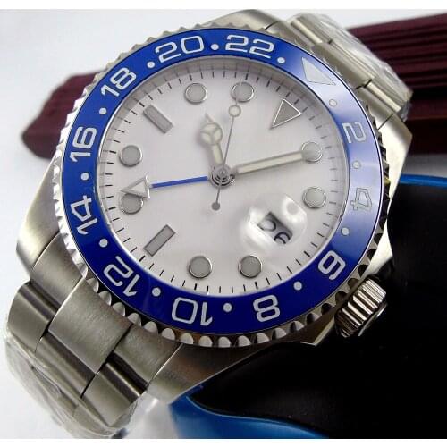 40MM White Sterile Dial Sapphire Glass Date Luminous Luminous Steel Bracelet GMT Automatic Movement Mens Watch