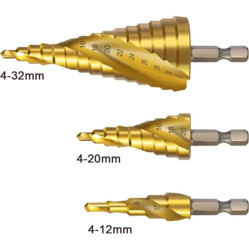 New 3 Pcs Spiral step drill 4-12/20/32mmTitanium HSS Coated Step Metal opening for woodworking milling cutter cone drill Safe