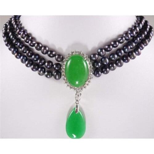 New Natural 3 Row 7-8mm Freshwater Pearl Necklace Green Stone White Black Pearls For Women Party Wedding Temperament Accessories
