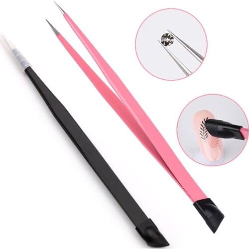Stainless Steel Nail Tweezers Silicone Pressing Head for Sticker Rhinestones Picker Straight Curved Manicuree Nail Art Tool