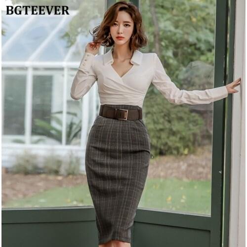 BGTEEVER Elegant V-neck Long Sleeve High Waist Belted Plaid Female Dress OL Dress Women Patchwork Pencil Vestidos femme 2020