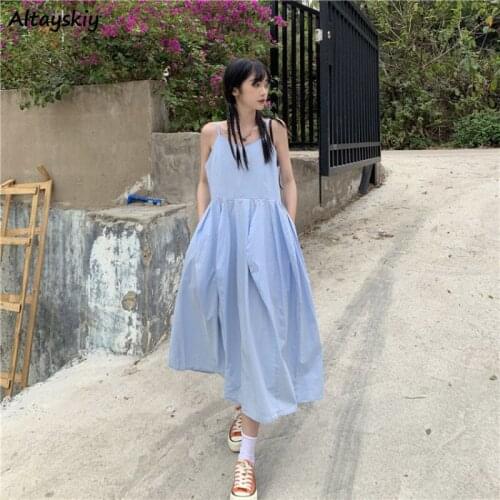 Spaghetti Strap Women Dress Sexy Backless Cross Bandage High Waist Midi Elegant Pure College Comfortable Leisure Lady Sundress