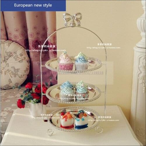 1PCS European silver plated three-layer bow afternoon tea snack rack West Point dessert rack cake tray baking snack plate