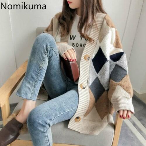 Nomikuma Causal Oversized Knitted Cardigan Jacket 2020 Autumn Winter Geometric Hit Color Sweater Coat Korean Pull Femme 6B297