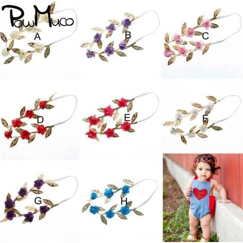 Powmuco Newborn Girl Shining Gold Leaf Flower Wreath Solid Color Handmade Paper Floral Infant Elastic Headband Photography Props