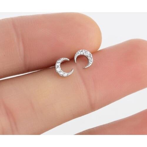 Shuangshuo Crystal 925 Sterling Silver Minimalist Rhinestone Moon Stud Earrings Fine Jewelry for Women Girls Birthday Gift
