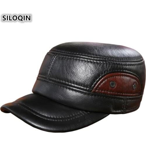 SILOQIN Adjustable Size Brands Genuine Leather Hat Mens Military Hats Autumn Winter Cowhide Warm Earmuffs Hat For Men Flat Cap