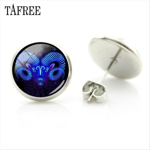 TAFREE 12 Constella Leo Virgo Stud Earring Glass Cabochon Zodiac Sign Earring For Women Kid Birthday Gift XZ74