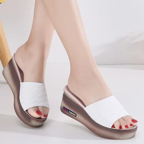 Mid Heel Platform Slipper Shoes for Women Summer Woman Leather Sandals Shoes Heel High 6.5 Ladies Slides Slipper Beach Sandal