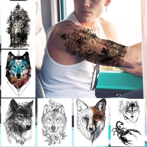 Night Forest Werewolf Tattoos For Men Women DIY Realistic Temporary Tattoos Geometric Fake Wolf Scorpion Tatoo Paper Stickers