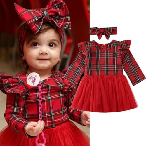 Christmas Toddler Baby Girl Plaid Dress Clothes Ruffle Long Sleeve Voile Tulle Tutu Dresses+Headband