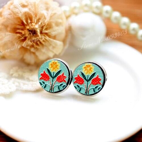 Unique 3D Flower Embossed 16mm Round Coloured Drawing pattern Laser Cut wood Cabochon DIY for Rings, Earring,Brooch,Necklace