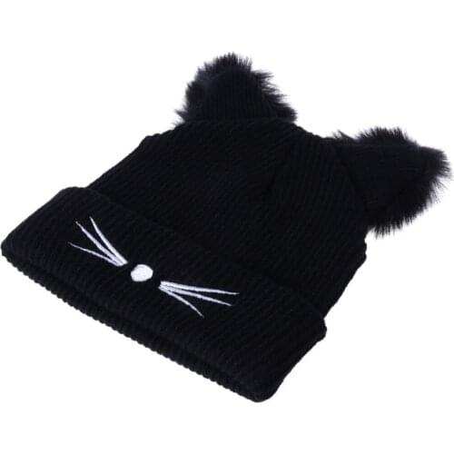 W3JF Hot Sale Cat Ears Women Hat Knitted Acrylic Warm Winter Beanie Crochet Fur
