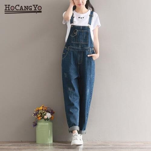 Autumn Women Denim Jumpsuit Plus Size Loose Casual Straight Bib Jeans Overalls Women Vintage Rompers Dark Blue Wide Leg Jumpsuit