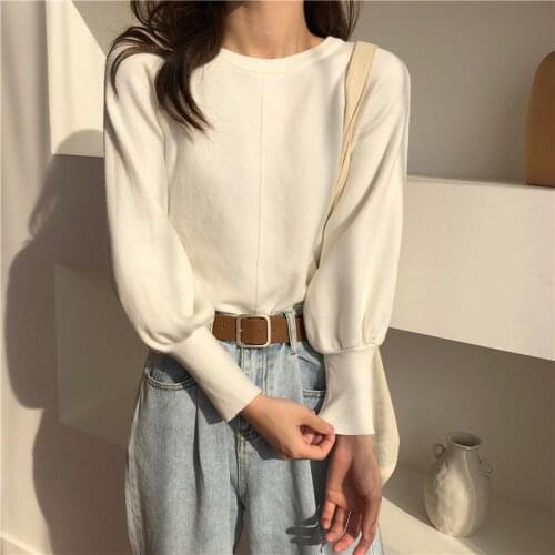 Womens Knitted Pullover Round Neck Ninth Lantern Sleeves Loose Casual Sweater Wholesale Autumn 2021 New Fashion Lady Clothing