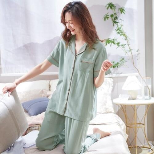 Women Nightwear Suit Summer Short Sleeve Cardigan Tops + Long Pants Pajamas Casual Tracksuit Homewear Plus Size 3XL Pijama Mujer