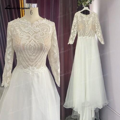 Lakshmigown Simple White Wedding Dress Boho vestidos de novia 2021 Long Sleeve Lace Chiffon Bridal Gown V Neck vestido mujer