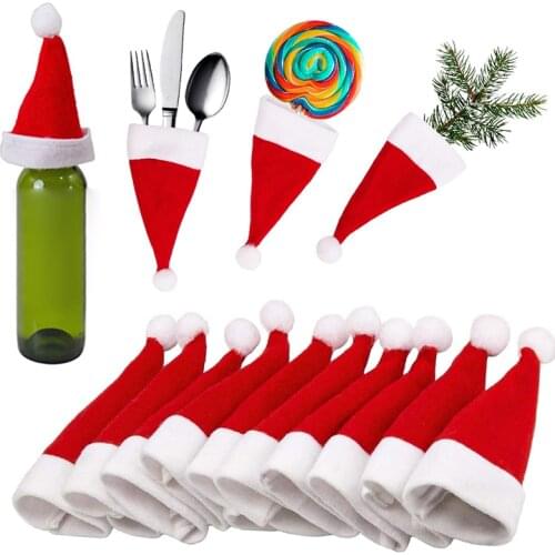 10PC Christmas Fork Knife Cutlery Holder Bag Pocket Red Santa Hat Spoon Tableware Storage Bag for Christmas Dinner Table Decor