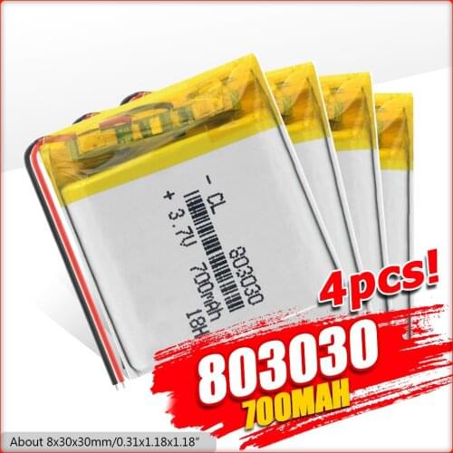 1/2/4 Pcs 803030 3.7V Volt Lithium Polymer Battery 700mAh Lithium Li-ion Battery Watch MP3 MP4 MP5 GPS Radio Replacement Cell