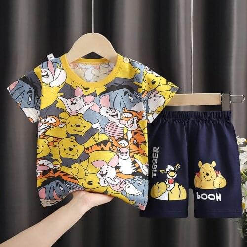 2021 Baby Boys Short Sleeve Clothes Suit Kids Girls Summer Winnie The Pooh Cotton T-shirts + Shorts 2pcs Childrens Clothing Set