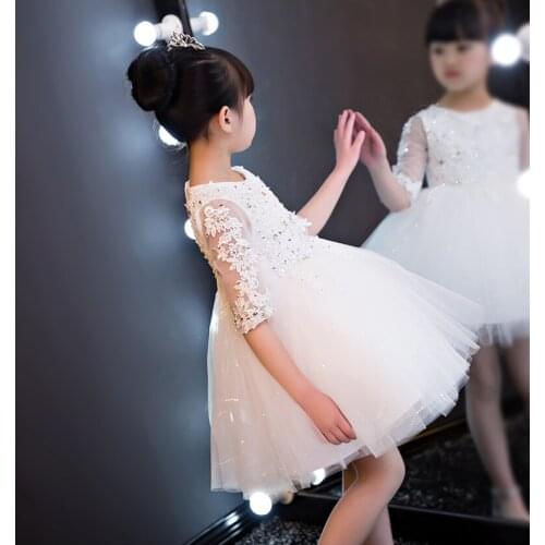 White Lace Half Sleeve Flower Girls Dresses For Wedding Sequin Girl Birthday Dress Tulle Pageant Party 1 Year Birthday Dresses