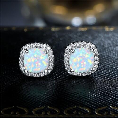 Charm Multicolor Birthstone Stud Earrings White Fire Opal Square Stone Screw Back Earrings For Women Dainty Silver Color Earring